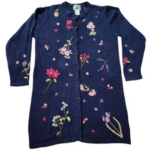 The Quacker Factory Long Floral Embroidered Button Sweater Cardigan SZ Large